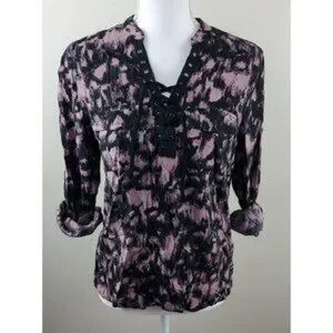 (B5) Rock & Republic Purple Black‎ Tie Dye Lace Up Blouse Roll Tab Sleeve S